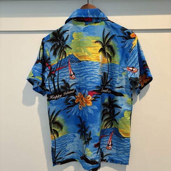 Rima Hawaiian Shirt Men Small Blue Aruba One Happy Island Beach Sunset Vacation - Picture 7 of 11